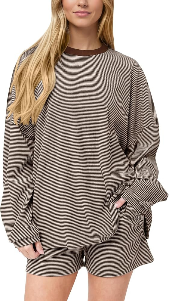 MISSACTIVER Women's Striped Lounge Set Long Sleeve Tee Shirts Drawstring Wide Leg Shorts Matching... | Amazon (US)