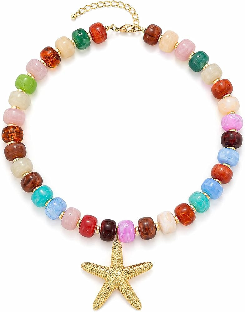 Chunky Beaded Starfish Shell Necklace for Women Colorful Boho Summer Chain Choker Beach Necklace ... | Amazon (US)