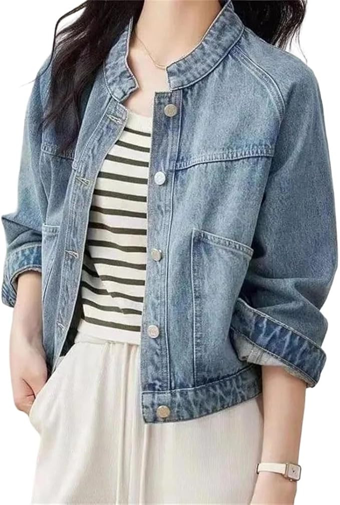 Women's Retro Washed Autumn/Winter Stand Collar Basic Motorcycle Light Blue Jacket | Amazon (US)
