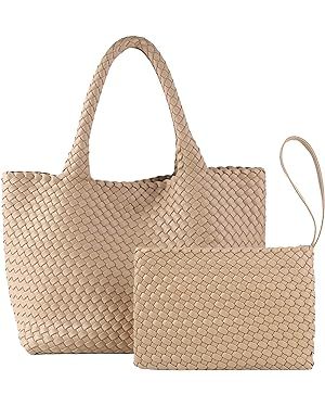 Woven Tote Bag for Women, Vegan Leather Handwoven Bags with Small Handmade Purse, Large Travel Br... | Amazon (US)