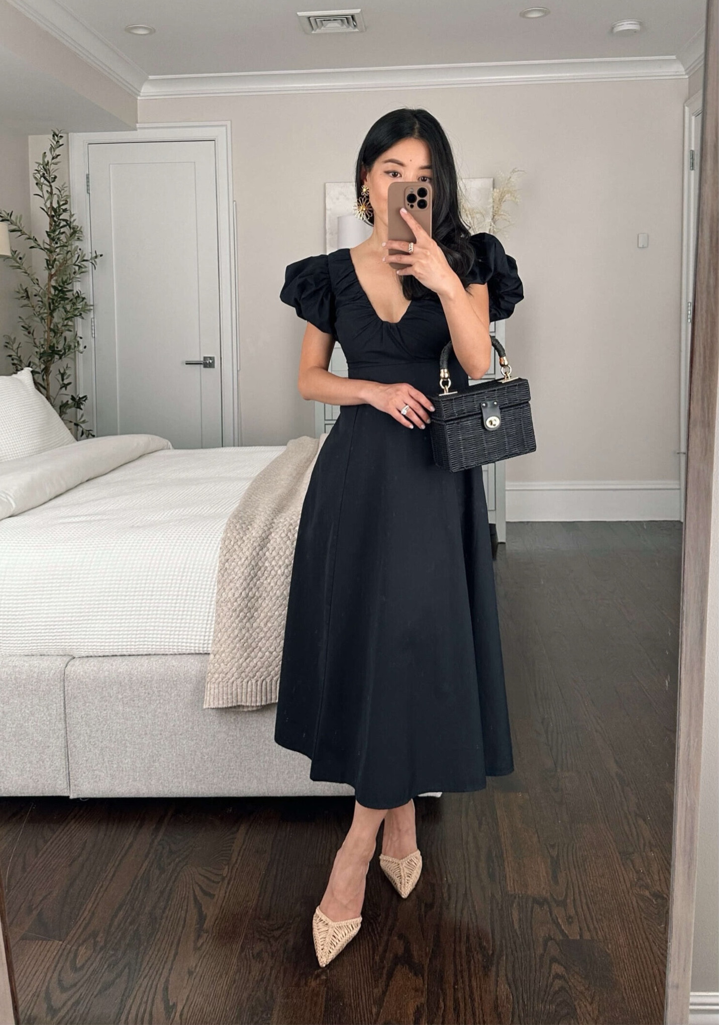 feminine + petite friendly black midi dress 

•Abercrombie midi dress xxs P - worn with nippies (linked)
•Ann Taylor woven slingbacks sz 5
•Sezane earrings -  Also linked 2 other similar pairs I have and love!
•Zara bag (old) - I found a very similar one but it isn’t linkable, so I’ve saved it in my blog post on ExtraPetite.com 

#petite  

#LTKsalealert #LTKshoecrush #LTKFind