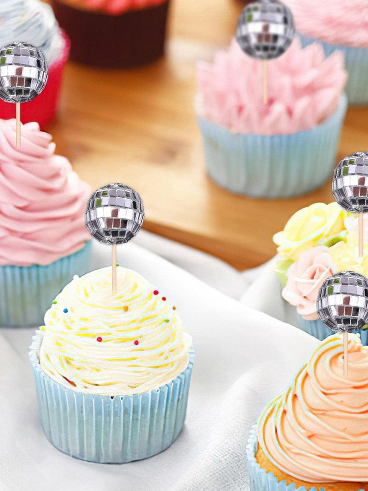 6pcs Ball Decor Cake Topper, Silver Plastic Mirror Surface Cake Top Decoration For Party | SHEIN