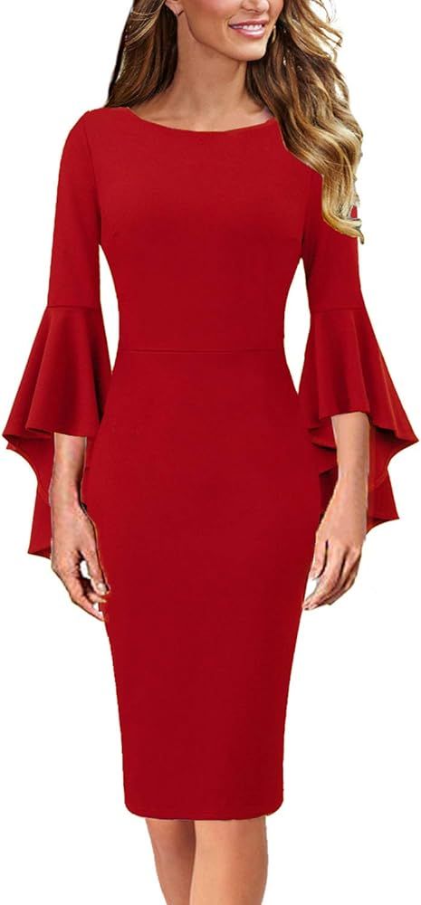 Vfshow Womens Elegant Bell Sleeve Cocktail Party Bodycon Pencil Sheath Dress | Amazon (US)