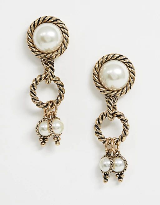 ASOS DESIGN earrings with vintage twist detail and pearl drops in gold | ASOS US