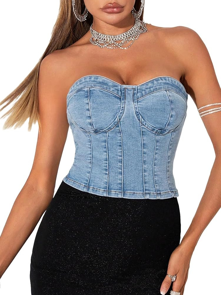 SHENHE Women's Strapless Zip Back Corset Bustier Fitted Sexy Denim Tube Top | Amazon (US)