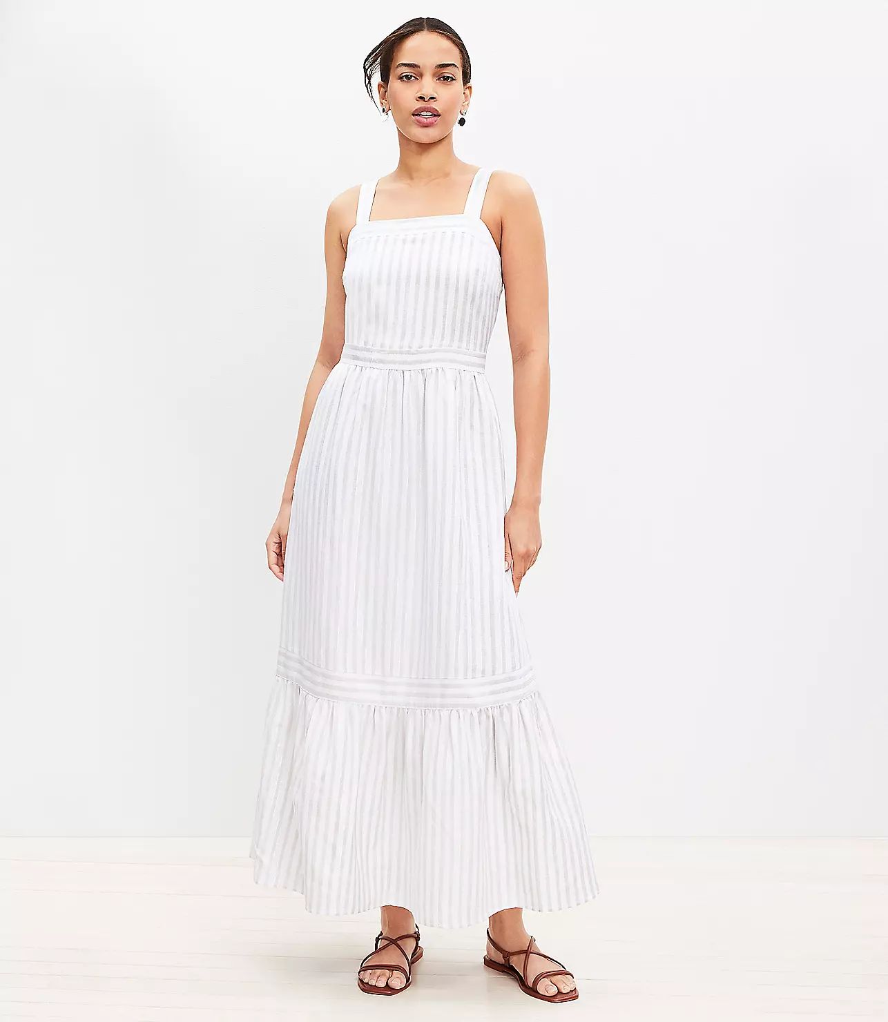 Shimmer Striped Linen Blend Square Neck Midi Dress | LOFT