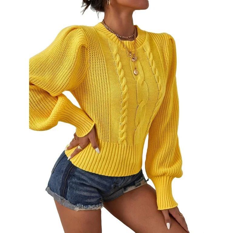 Womens Sweaters Casual Plain Round Neck Pullovers Yellow L | Walmart (US)