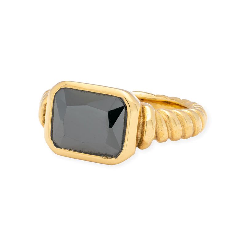 Square colored cz stone with twist accent band detailing. 

18k gold plated over stainless steel... | BRACHA