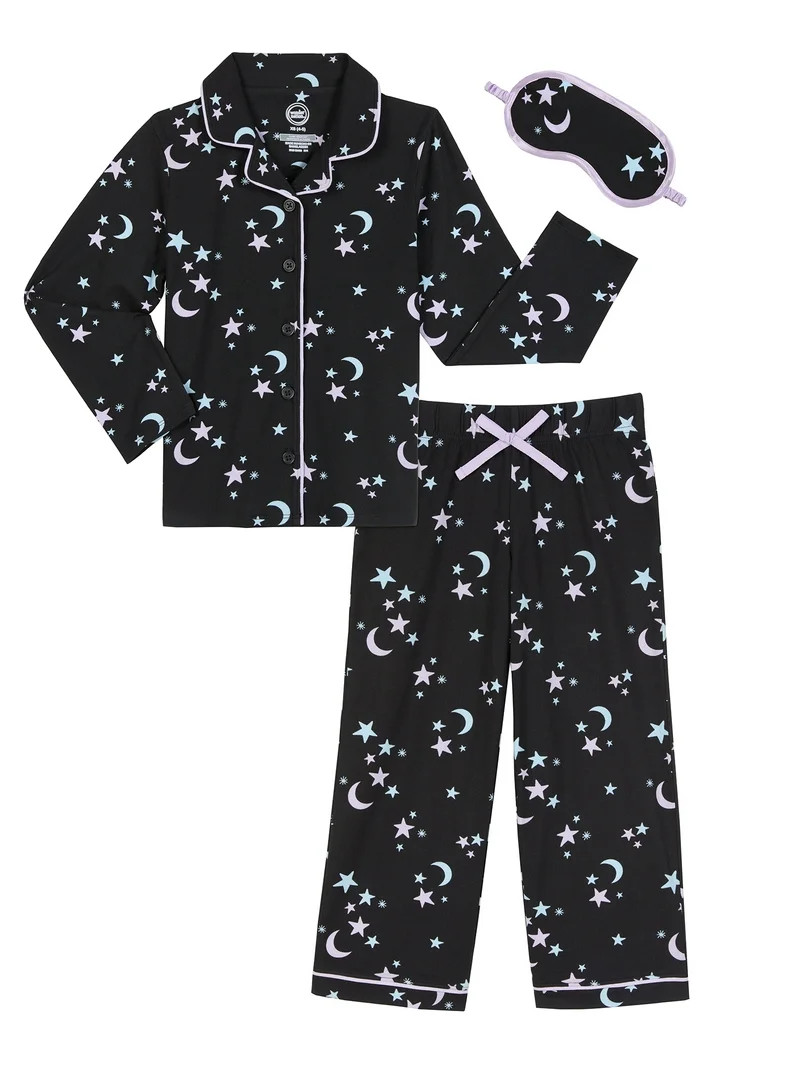 Wonder Nation Girls Button Front Long Sleeve Top & Pant Pajama Set with an Eyemask, 3-Piece, Size... | Walmart (US)
