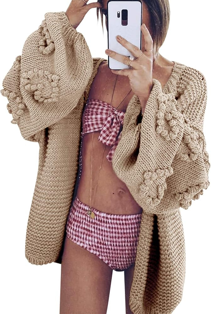 Simplee Women's Oversized Lantern Sleeve Cable Knit Loose Cozy Open Front Cardigan Sweaters | Amazon (US)