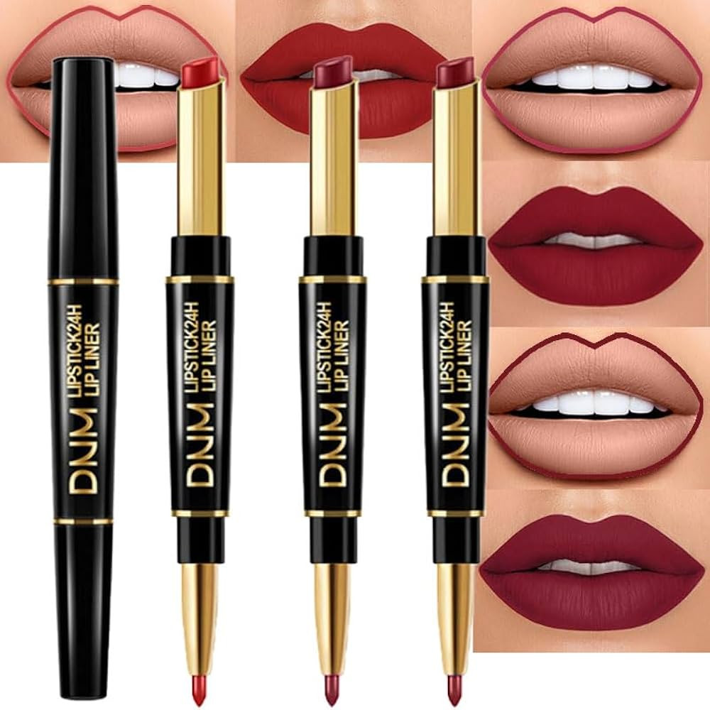 evpct 3Pcs Dark Ruby Red Lip Liner and Lipstick Set Kit for Women DNM Matte Matt 24 Hour Lipstick... | Amazon (US)