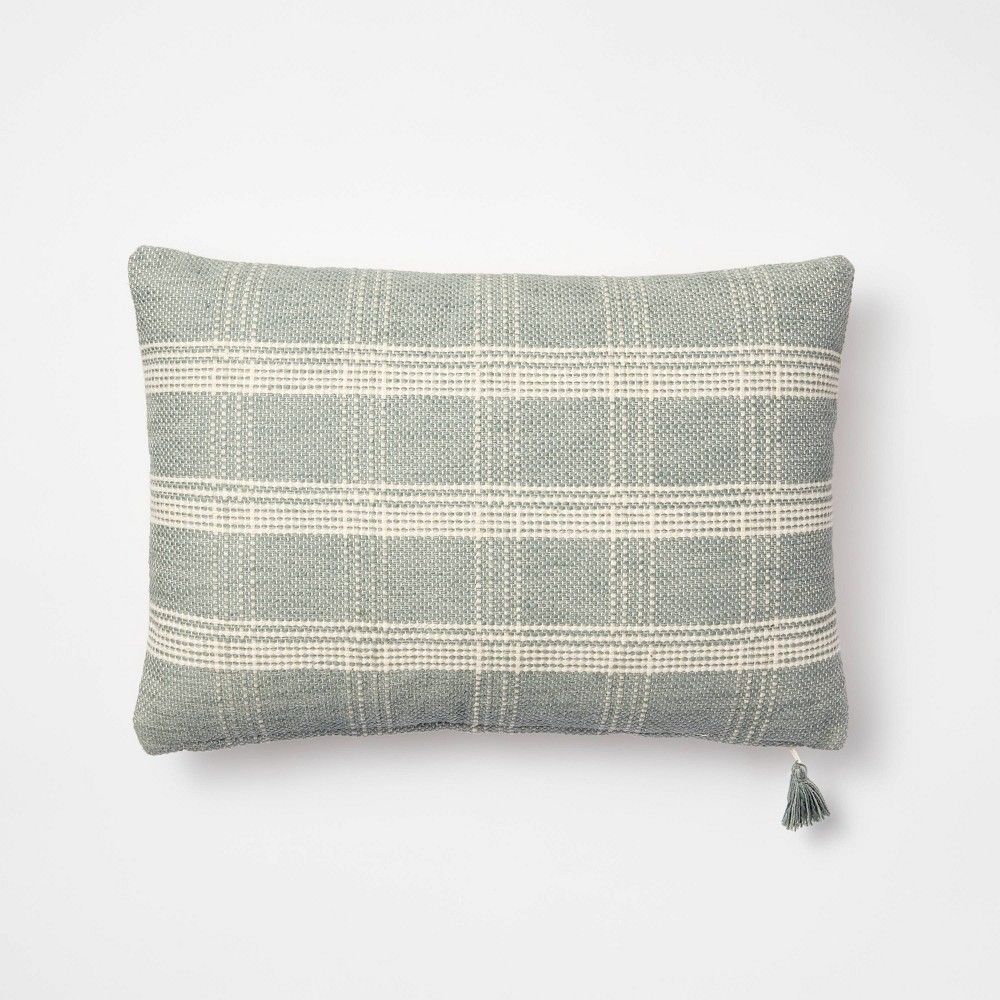 Woven Plaid Lumbar Throw Pillow with Tassel Zipper Light Green/Cream - Threshold™ designed with Stud | Target