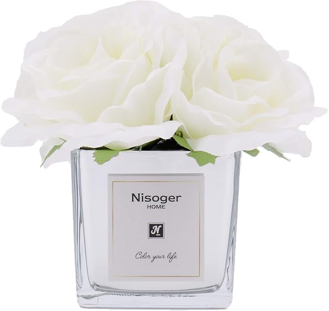 Artificial Flowers in Vase, Nisoger Artificial Flowers with Vase Bouquet 4 Artificial Rose Silk F... | Amazon (US)