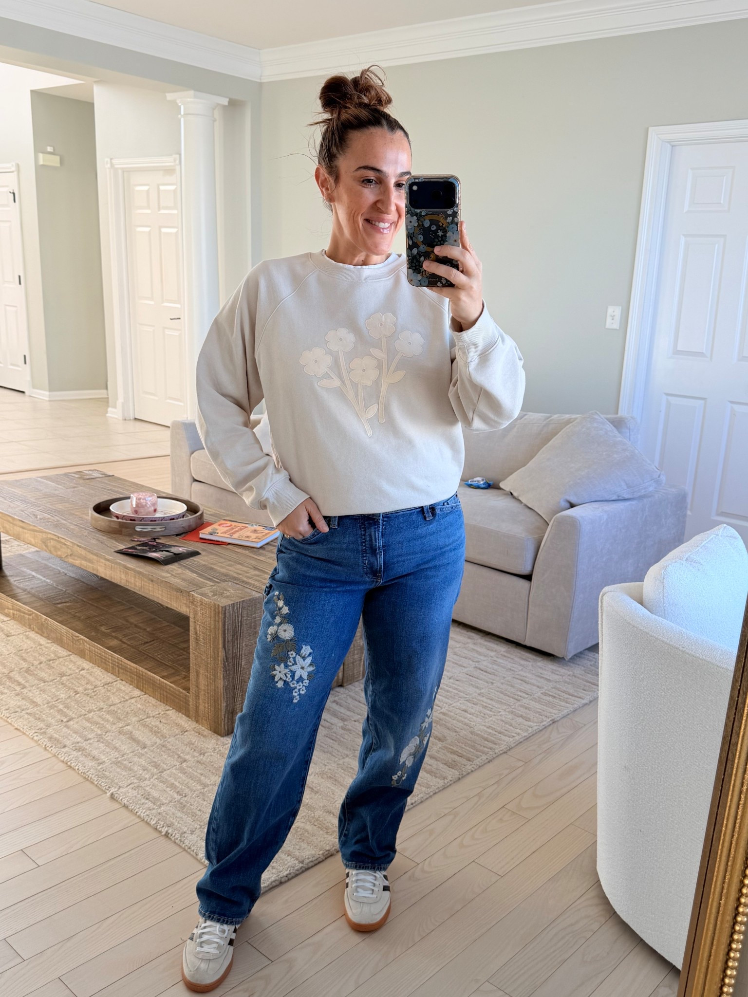 Today’s OOTD! Giving spring vibes but still warm enough for winter! Wearing size medium in the sweatshirt and 8 in the jeans!
The jeans do have some stretch to them!

#LTKOver40 #LTKootd #LTKSaleAlert