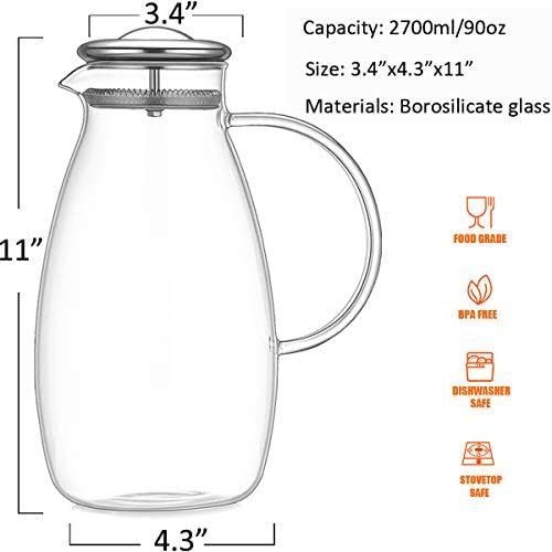 [90 OZ] Glass Pitcher with Stainless Steel Lid, Hot/Cold Water Jug, Juice and Iced Tea Borosilicate  | Amazon (US)