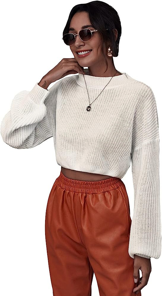 WDIRARA Women's Mock Neck Long Sleeve Crop Sweater Casual Rib Knit Top | Amazon (US)