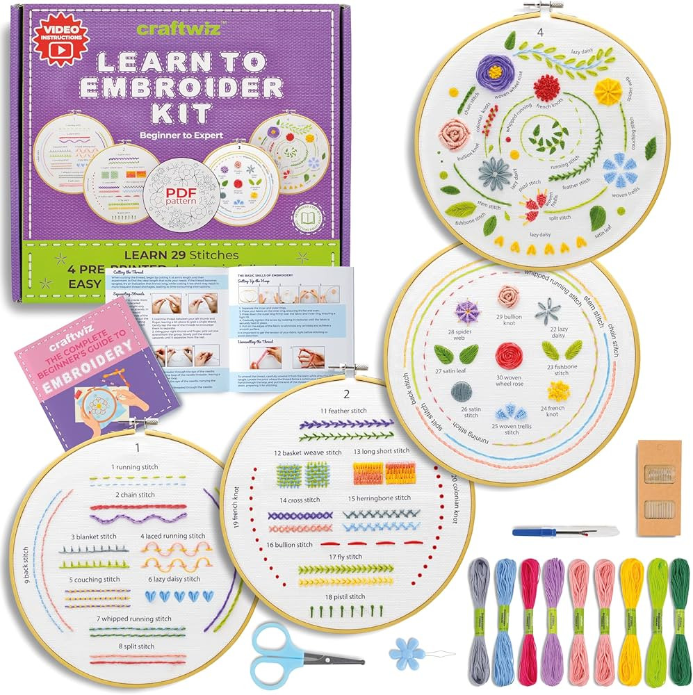 Craftwiz 4-Piece Starter Embroidery Kit for Beginners and Teens with Simple Patterns, Learn 29 St... | Amazon (US)