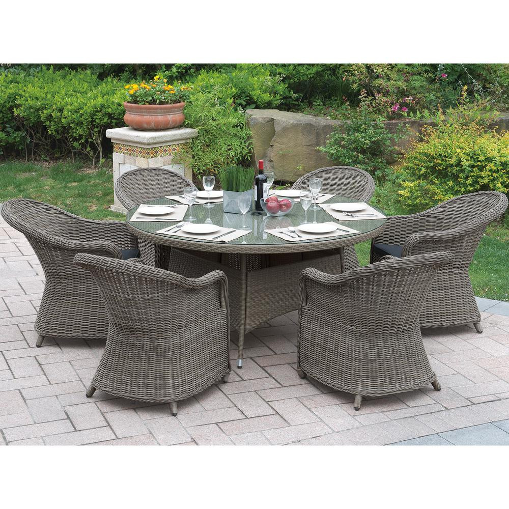 Neive 7-Piece All-Weather Wicker Circular Outdoor Dining Set with Brown Cushion | The Home Depot