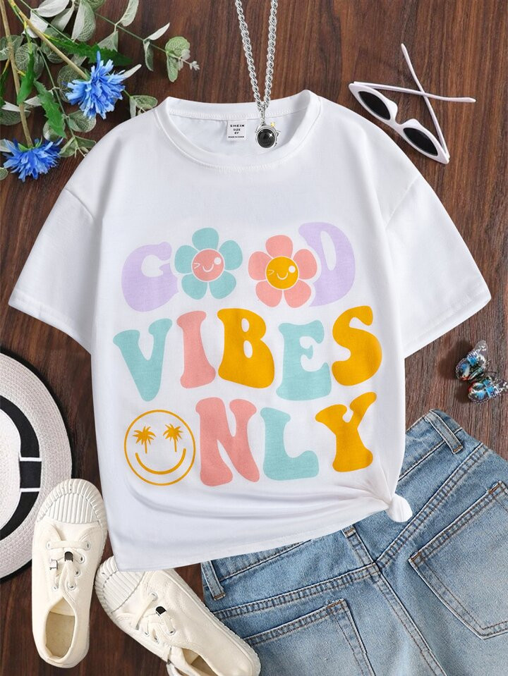 SHEIN Kids EVRYDAY Girls Floral & Slogan Graphic Tee | SHEIN