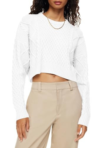 Langwyqu Womens Cropped Crewneck Sweaters Cable Knit Long Sleeve Chunky Casual Loose Pullover Jumper Crop Tops White | Amazon (US)