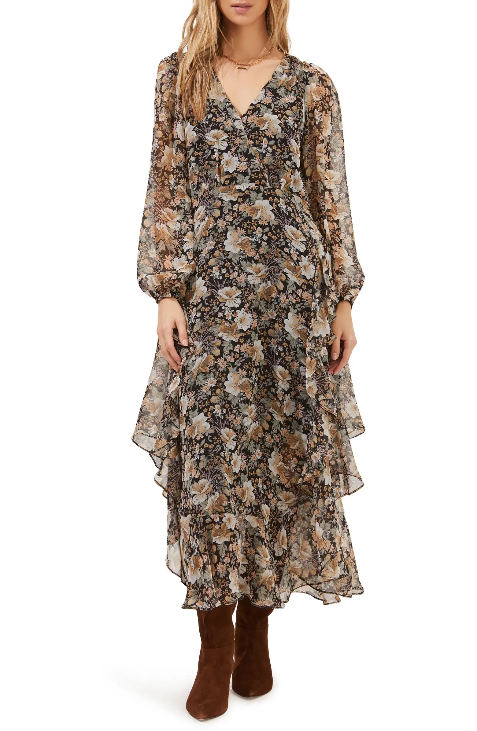 ASTR the Label Raleigh Floral Ruffle Midi Wrap Dress | Nordstrom | Nordstrom