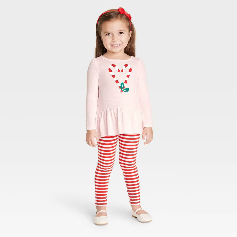 Toddler Girls' Candy Cane Hearts Cozy Long Sleeve Top & Striped Leggings Set - Cat & Jack™ Pink | Target