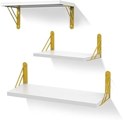 Uarter White Floating Shelves Wall Mounted Set of 3,Decorative Wall Storage Shelves with Gold Bra... | Amazon (US)