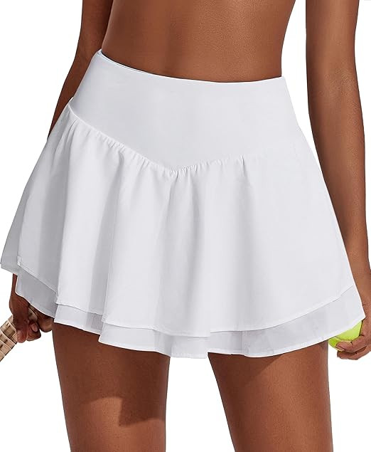 PINSPARK Womens Pleated Tennis Skirt Double Ruffle Golf Skort Tummy Control Athletic Skirts with ... | Amazon (US)