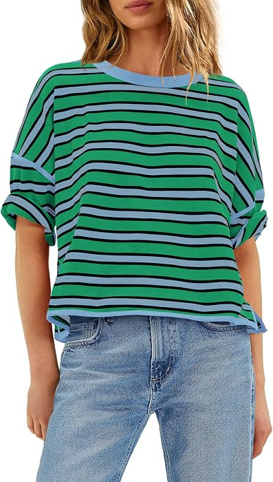 Panadila Womens Striped Shirt Short Sleeve Tops Summer Casual Oversized Tshirts Crew Neck Boxy Te... | Amazon (US)