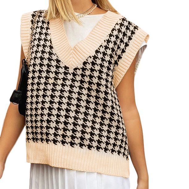 Cathery Women Sweater Vest Plaid Knitted V-neck Loose Sleeveless Bottom Pullover | Walmart (US)