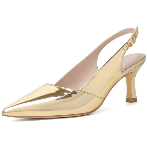 Mostrin Gold Kitten Heels for Women Slingback Pointed Closed Toe Heels Women's Pumps Dress Pumps Shoes for Wedding, Party, Commuting Size 11 | Amazon (US)