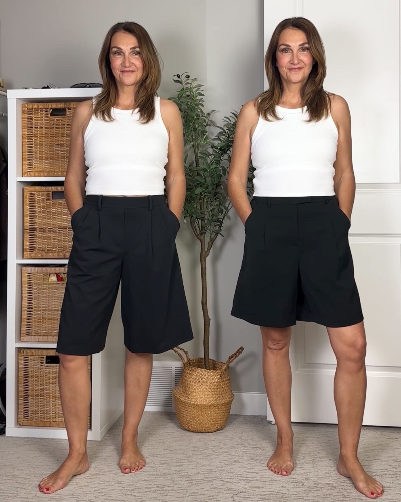 Lululemon vs Amazon trouser shorts! I’m 5’ 7” size 4ish.
Left: The Lululemon shorts are a pull on style with 4 way stretch material and they have a 14” inseam. I’m in my usual size S.
Right: the Amazon pair are a 7.5” inseam and have a traditional fly and zipper. The material is not stretchy.
 My exact shorts are from 🇨🇦 Amazon so I can’t link them here but they are under “pants & shorts” on my 🇨🇦 Amazon storefront and I’ve linked several similar ones here.
I also linked the 7” inseam version of the Lululemon shorts 
My tank is from Uniqlo and has a built in bra

#LTKOver40 #LTKWorkwear #LTKTall