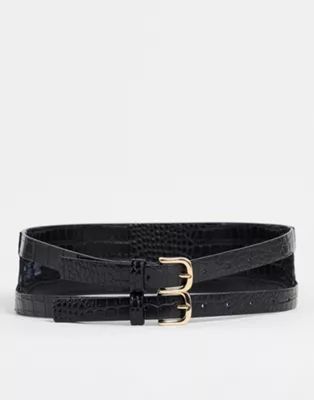 ASOS DESIGN double buckle waist belt in black croc | ASOS (Global)