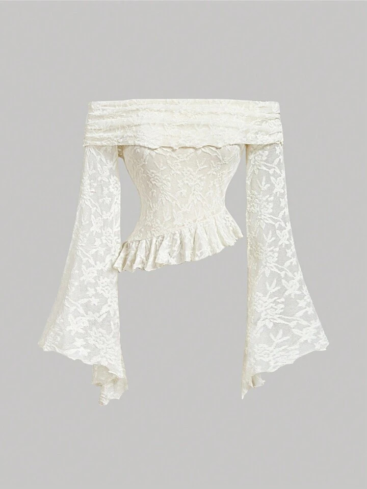 SHEIN MOD Apricot Lace Off Shoulder Ruffle Hem Bell Sleeve Women  | SHEIN