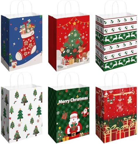 SUNEE Christmas Gift Bags, 12 Pack Christmas Treat Bags with Handles, 6 Assorted White Paper Gift... | Amazon (US)