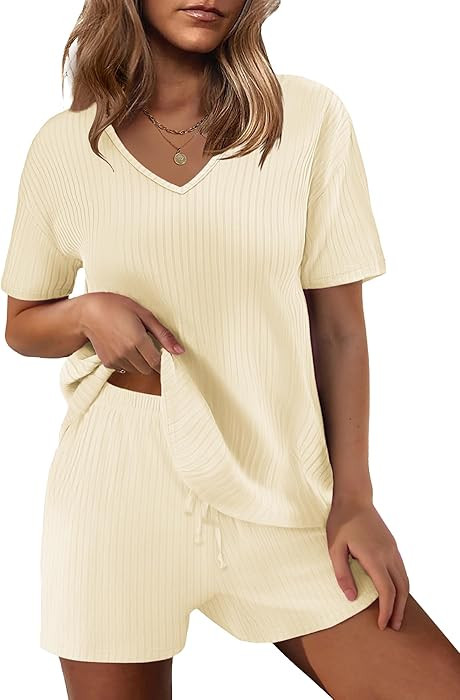 Ekouaer Womens 2 Piece Lounge Sets Summer Two Piece Outfits Ribbed Knit V Neck Short Sleeve Tee a... | Amazon (US)