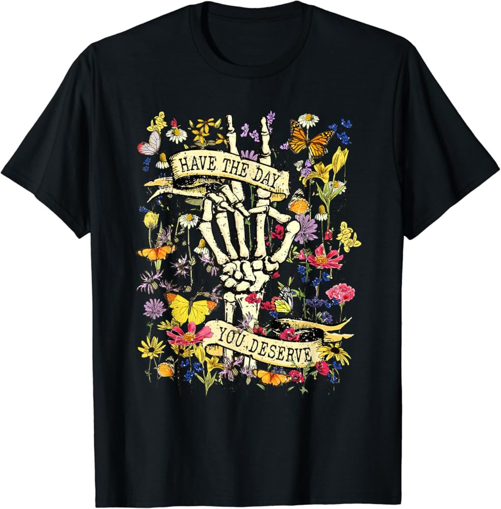 Have The Day You Deserve Skeleton Peace Hand Sign Floral T-Shirt | Amazon (US)