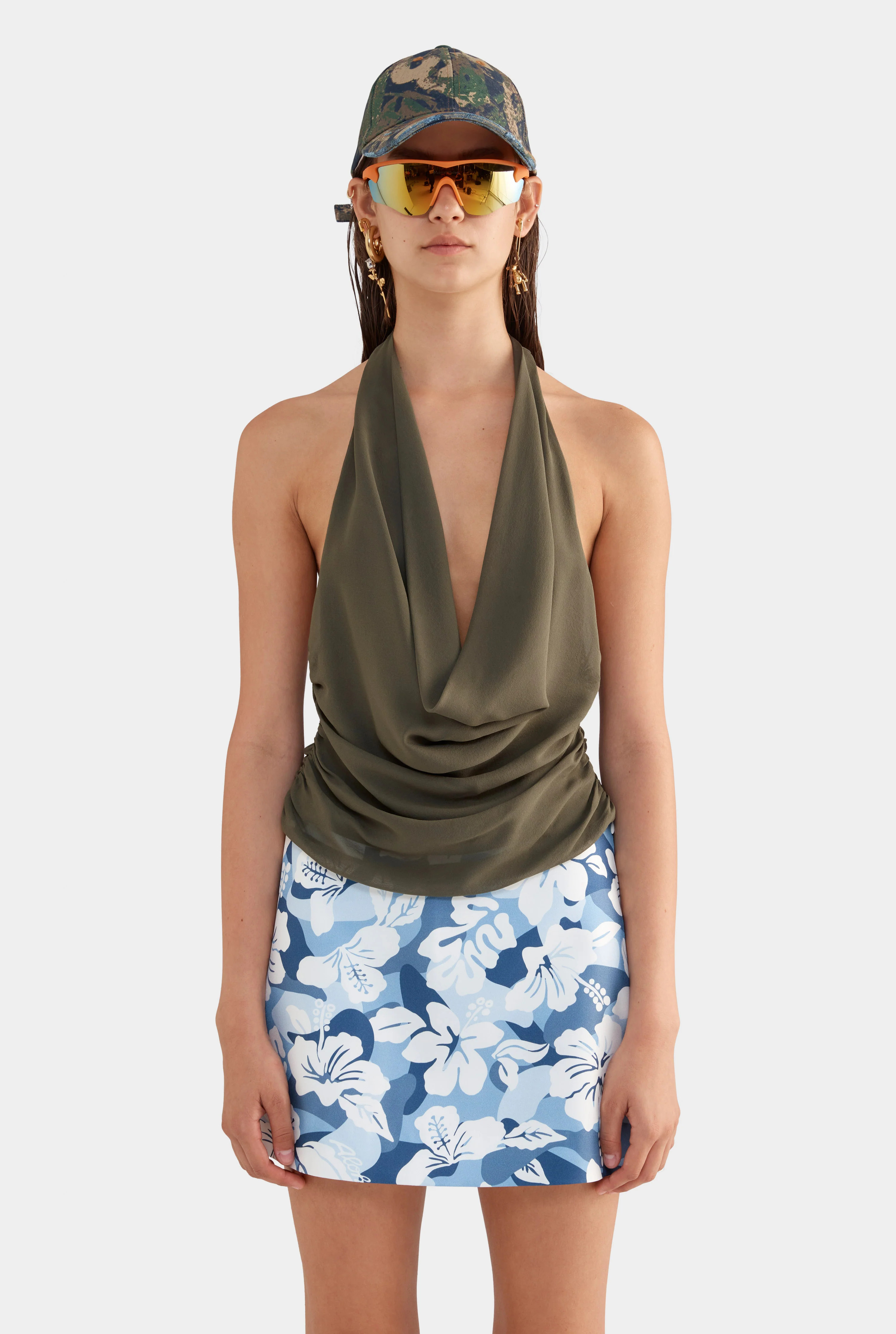 Womens Deep Cowl Sheer Silk Halter in Olive | Venroy | Venroy AU