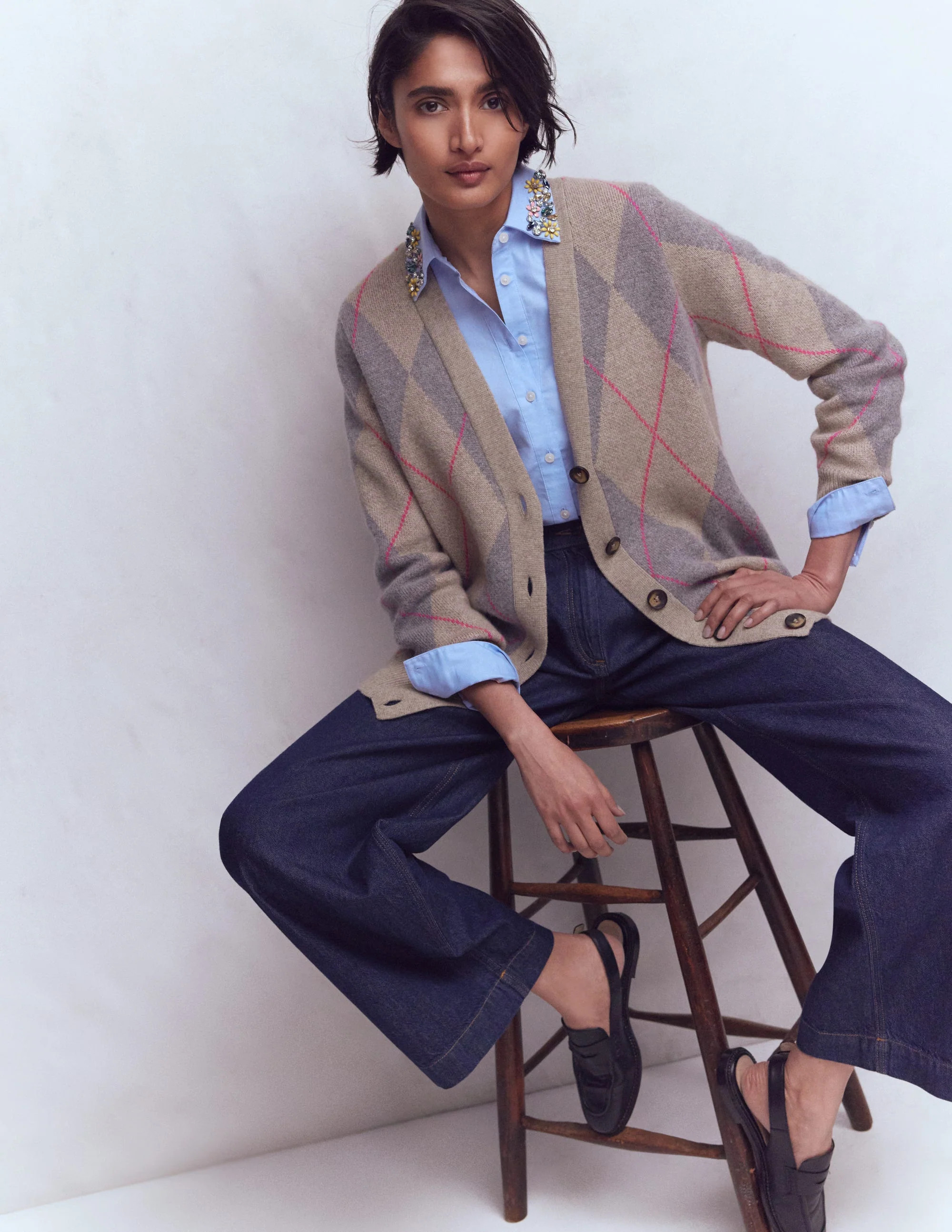 Quinn Boyfriend Cardigan-Neutral Argyle | Boden UK
