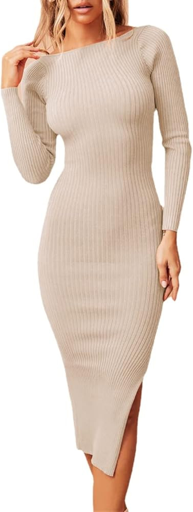 Women Twist Front Cutout Bodycon Club Night Out Party Dress Long Sleeve V Neck Ribbed Knitted Bac... | Amazon (US)