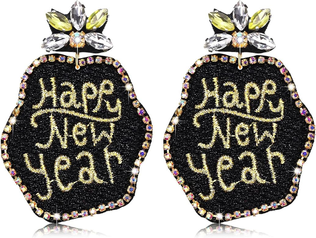 Holiday Earrings Happy New Year Earring for Women Beaded Clock Hat Cocktail Glass Dangle Earrings... | Amazon (US)