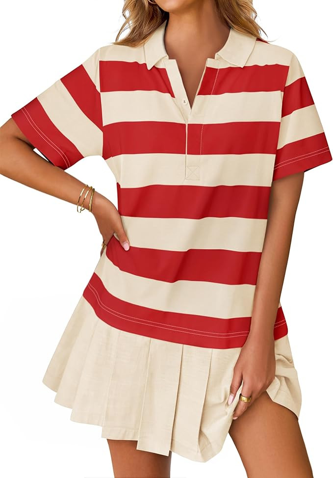 ZESICA 2025 Women's Casual Short Sleeve Tunic Shirt Dress Summer Striped V Neck Pleated Y2K Mini ... | Amazon (US)