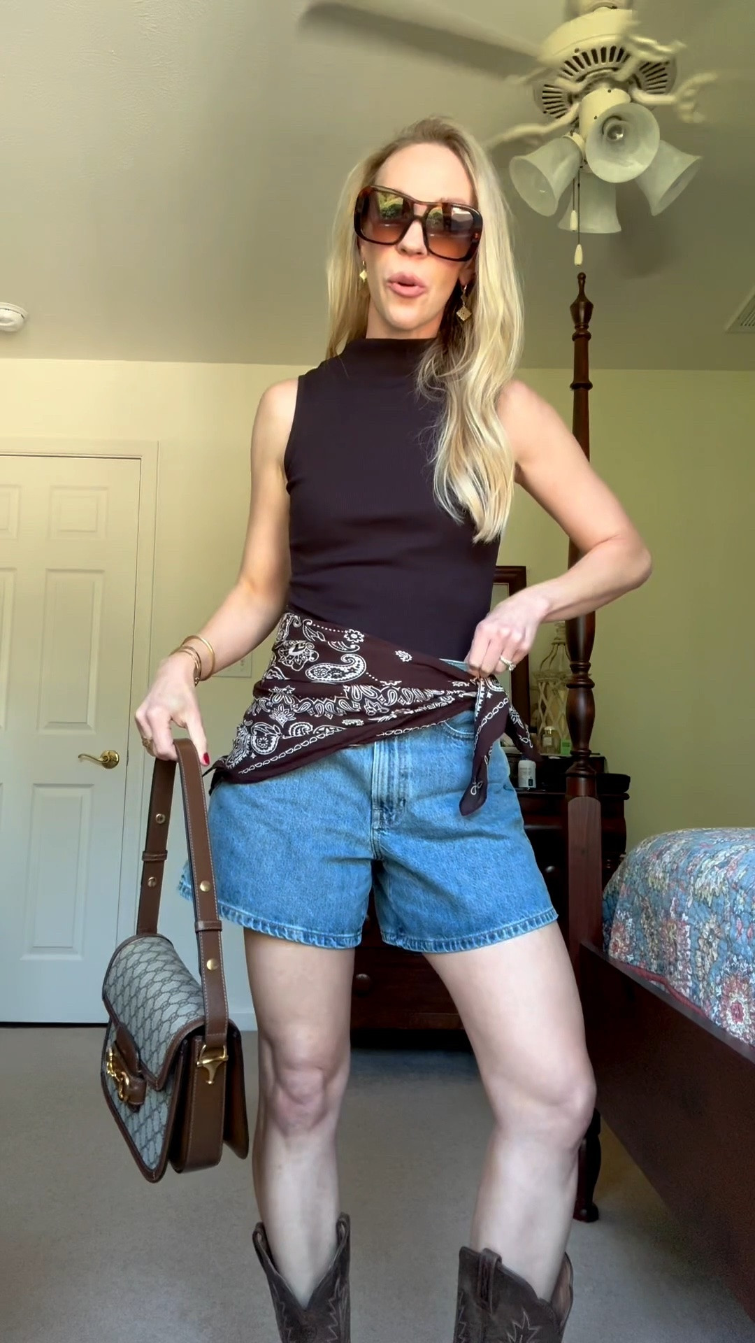 Headed to the county fair this evening! This silk/cotton tank is on sale! Styling it with denim shorts, cowboy boots and a bandana scarf tied at the waist

#LTKdayinmylife #LTKootd #LTKSaleAlert