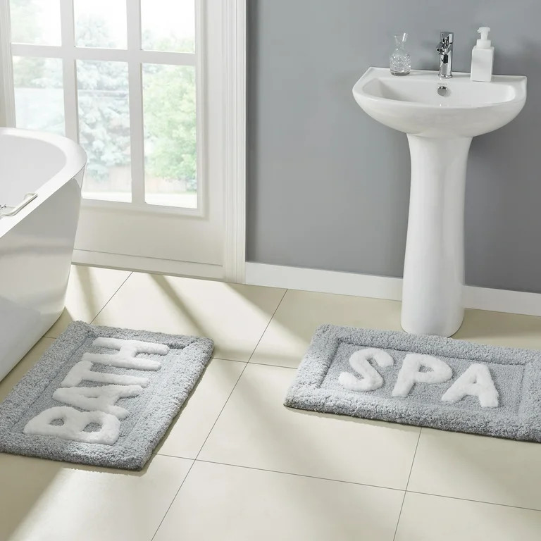 Better Homes & Gardens Typography Gray Microfiber Bath Rugs, 1.5' x 2.5' (2 Pieces) | Walmart (US)