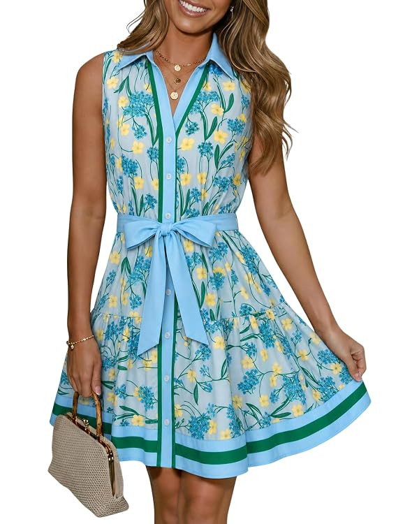 Wenrine Womens Summer Button Down Shirt Dresses Sleeveless Collared V Neck Striped Tie Waist Mini... | Amazon (US)