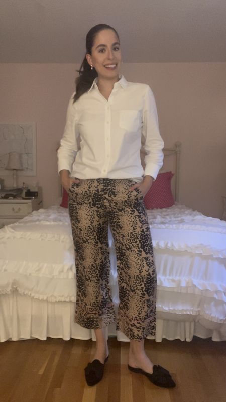 Leopard pants, cheetah pants, white button down, white Oxford, black mules, fall outfit, fall fashion, fall business casual, office outfit, workwear style, fall workwear 

#LTKVideo #LTKSeasonal #LTKstyletip