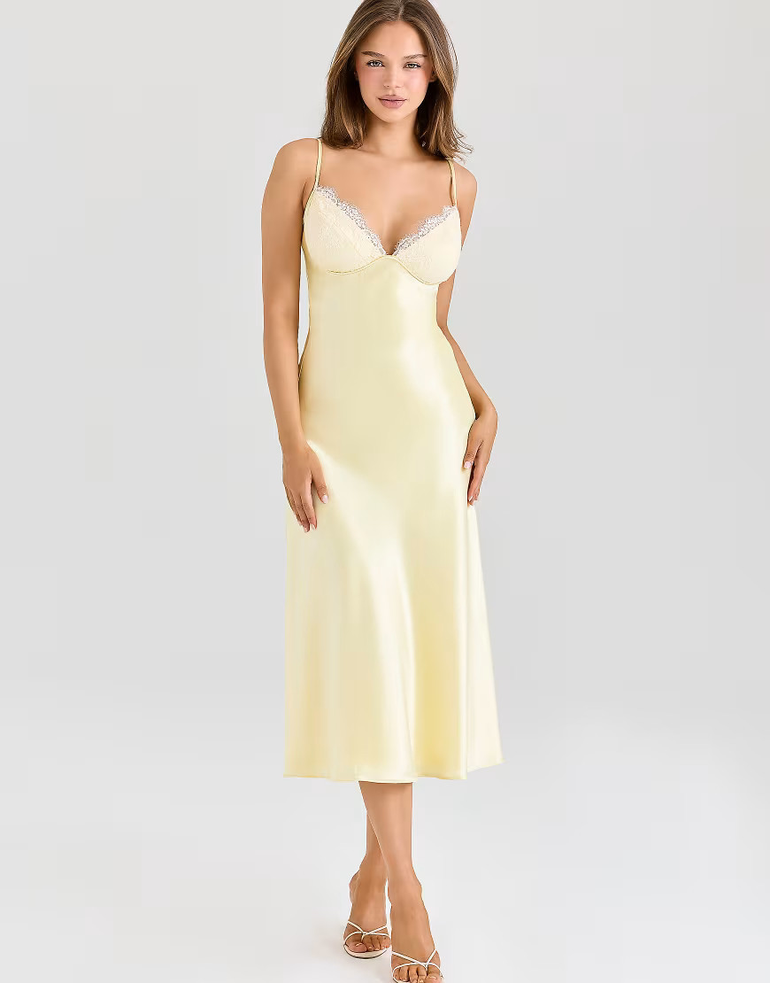 House of CB Felicity butter yellow satin bias cut midi dress in butter yellow | ASOS (Global)