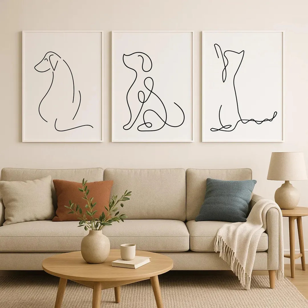 Set of 3 Pet Line Art Wall Artwork Poster Print Minimalist Dog & Cat Lover Outline Decor for Livi... | Etsy (US)