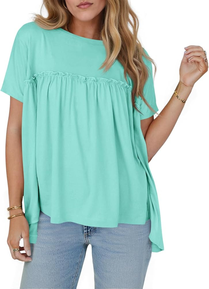 Cicy Bell Women Summer Babydoll Tops Pleated Short Sleeve Crew Neck Peplum Blouse Casual Loose Fi... | Amazon (US)