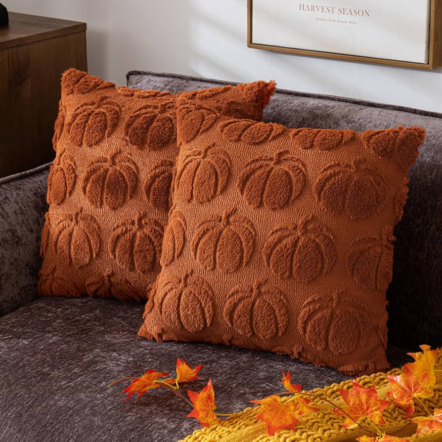Pumpkin Fall Decorative Throw Pillow Covers 18"x18", Set of 2 Rust Red Soft Faux Fur Pillow Cover... | Amazon (US)